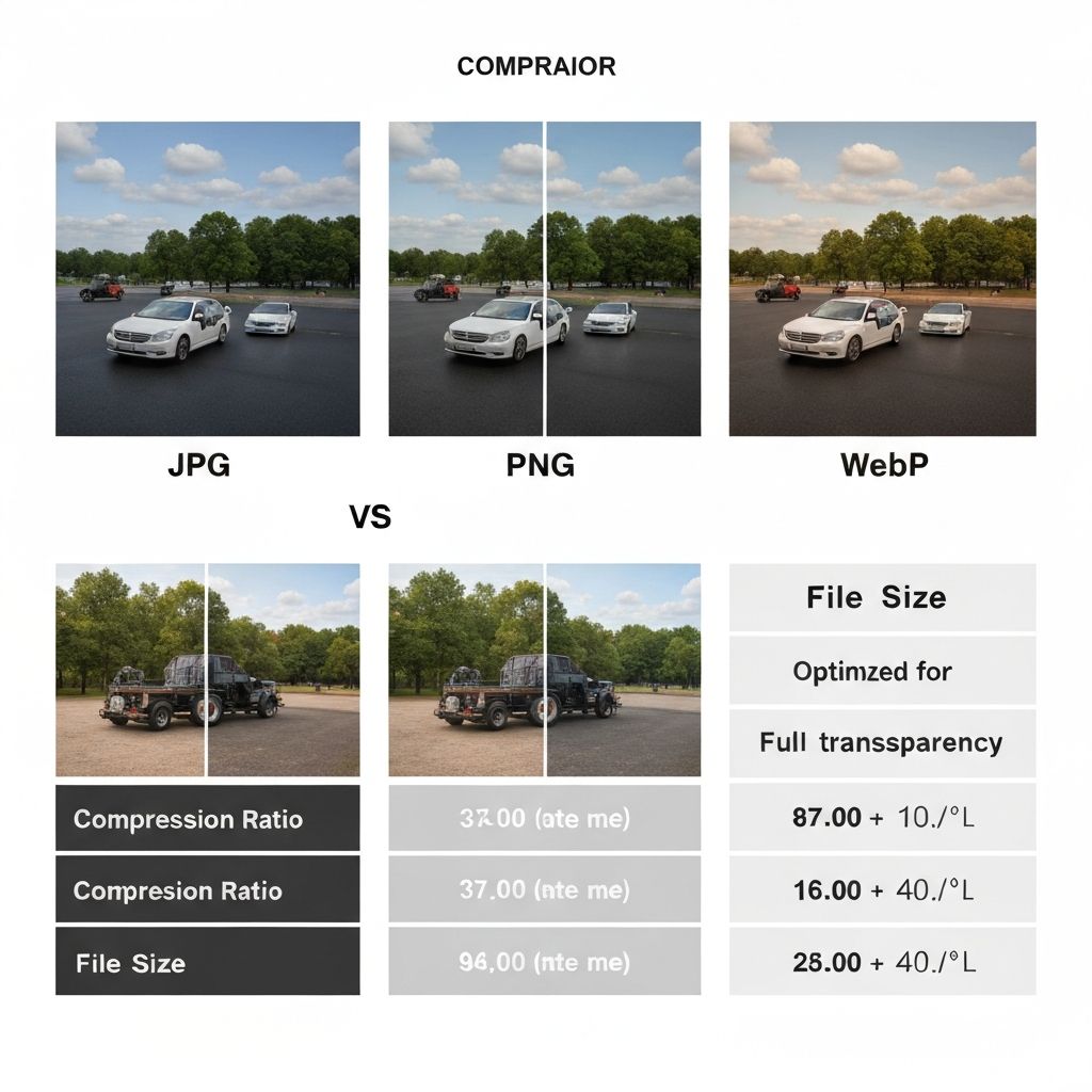 Comparison table of JPG, PNG, and WebP image formats showing transparency support, compression type, and file sizes